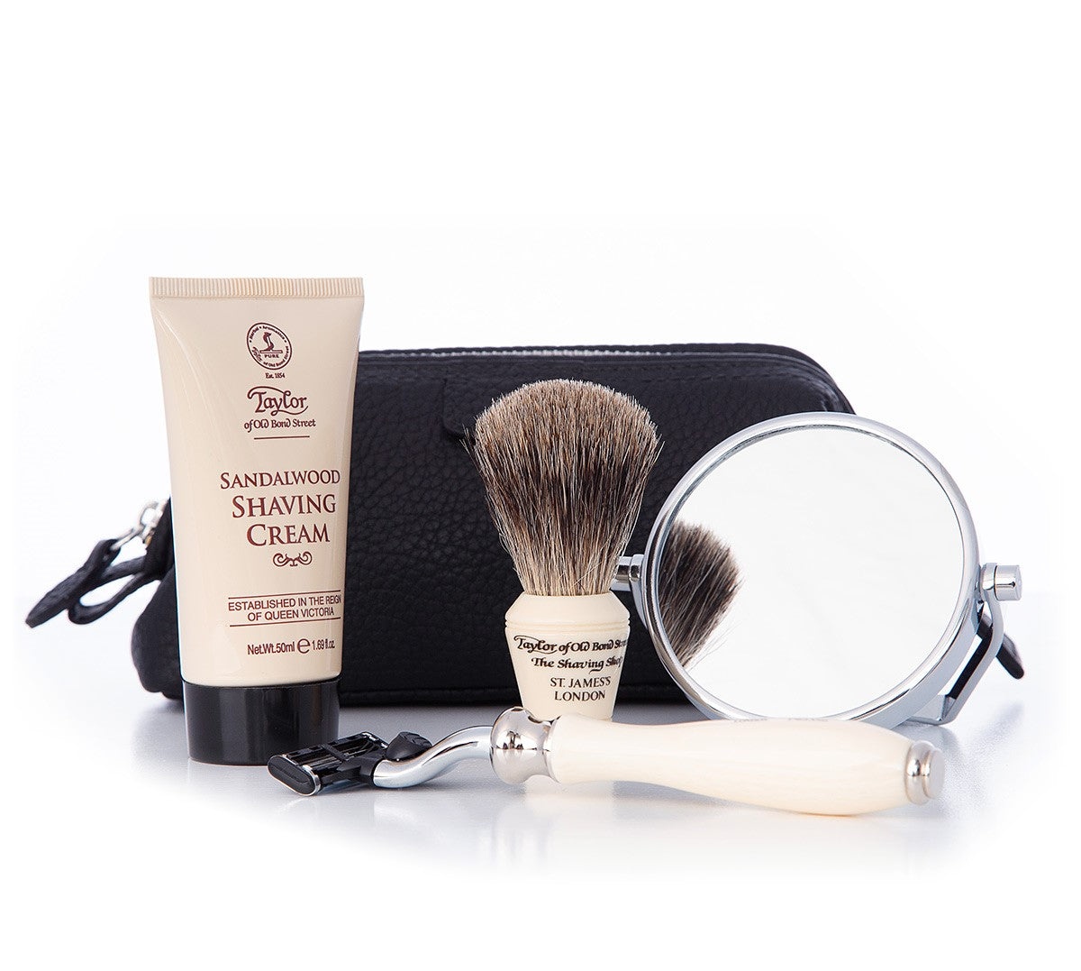 Travel Shaving Kit in Mini Black Leather Washbag