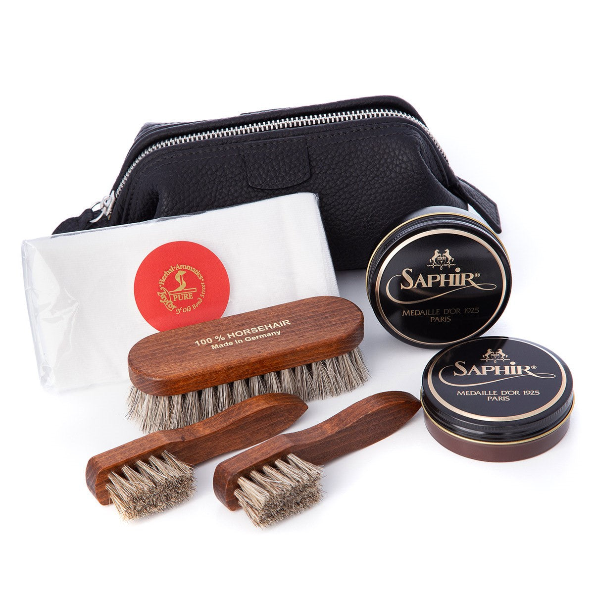 Shoe Shine Kit in Mini Black Leather Washbag