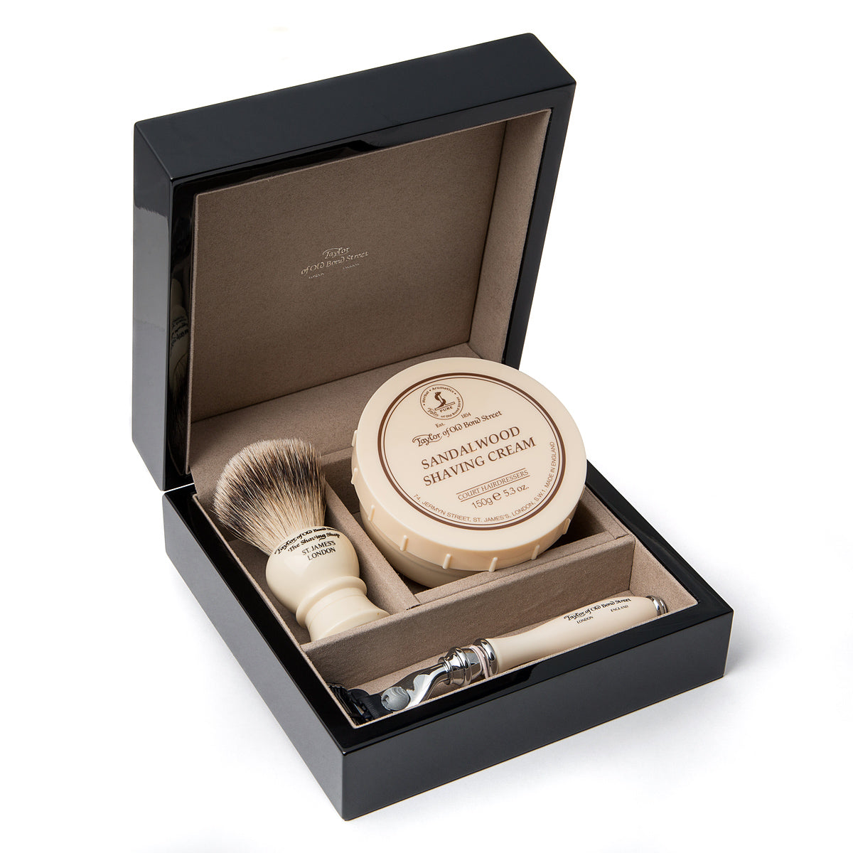 Razor, Brush and Sandalwood Shaving Cream in Wooden Gift Box